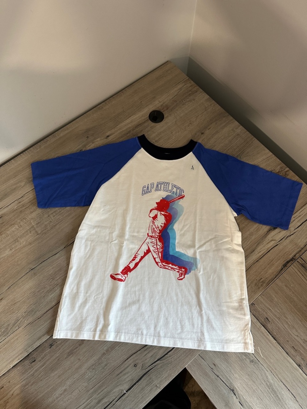 GAP Athletic White Tee with Blue Sleeves and Red Baseball Graphic